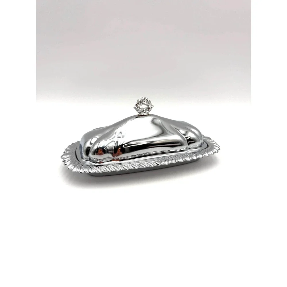 Vintage Silver Metal Butter Dish with Lid Glass Covered Butter Dish